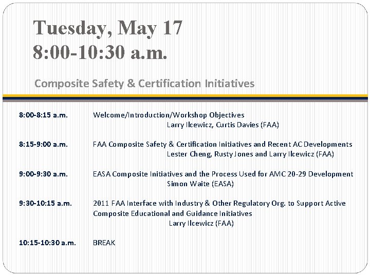 Tuesday, May 17 8: 00 -10: 30 a. m. Composite Safety & Certification Initiatives