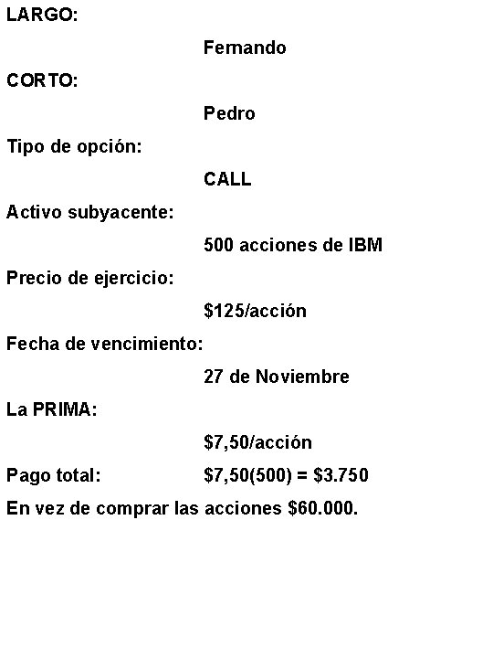 LARGO: Fernando CORTO: Pedro Tipo de opción: CALL Activo subyacente: 500 acciones de IBM