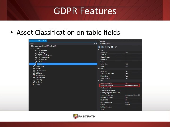 GDPR Features • Asset Classification on table fields 