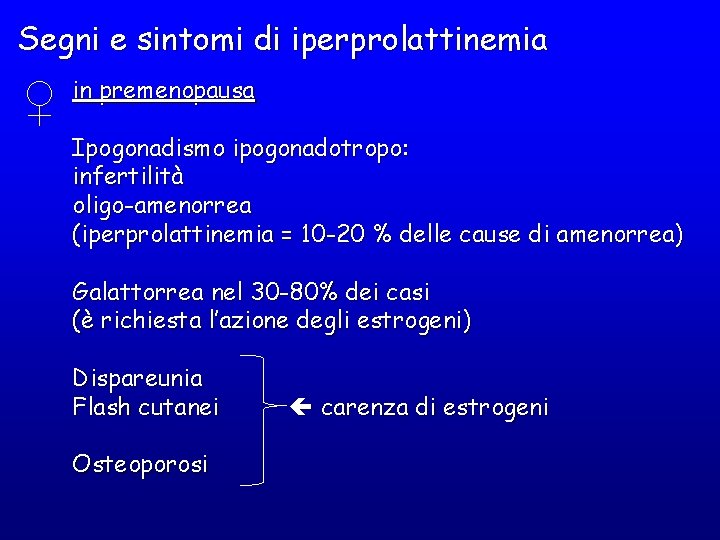 Segni e sintomi di iperprolattinemia ♀ in premenopausa Ipogonadismo ipogonadotropo: infertilità oligo-amenorrea (iperprolattinemia =