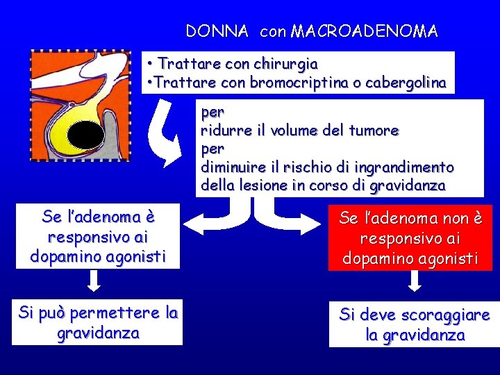 DONNA con MACROADENOMA • Trattare con chirurgia • Trattare con bromocriptina o cabergolina per DONNA con MACROADENOMA • Trattare con chirurgia • Trattare con bromocriptina o cabergolina per