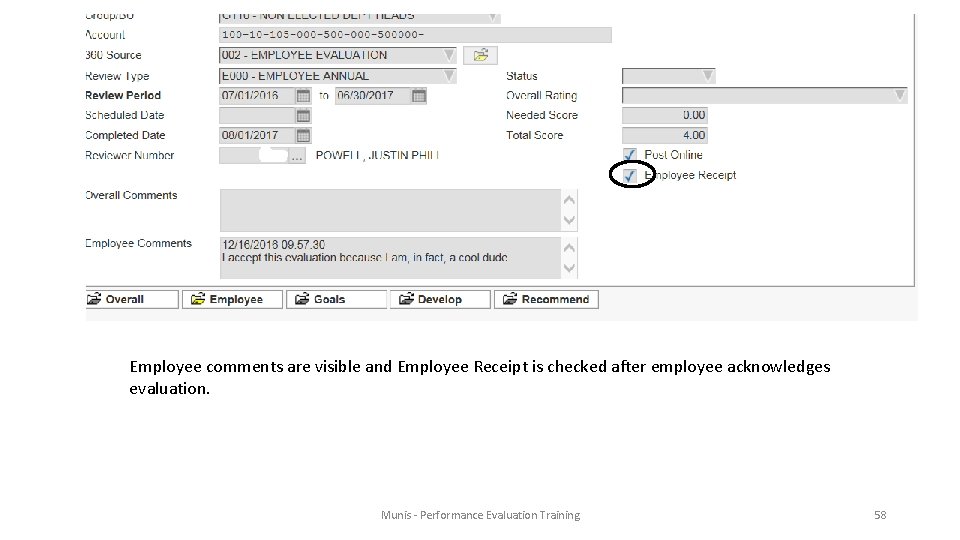 Employee comments are visible and Employee Receipt is checked after employee acknowledges evaluation. Munis