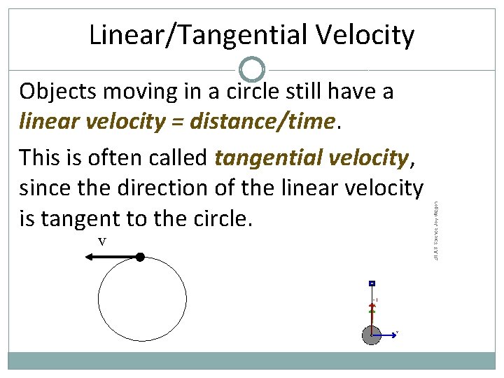 Linear/Tangential Velocity Objects moving in a circle still have a linear velocity = distance/time.