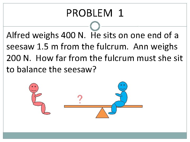PROBLEM 1 Alfred weighs 400 N. He sits on one end of a seesaw