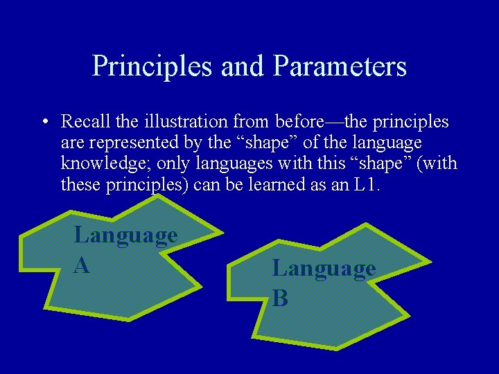 Principles and Parameters • Recall the illustration from before—the principles are represented by the Principles and Parameters • Recall the illustration from before—the principles are represented by the