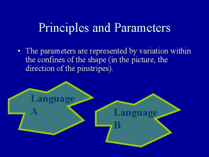 Principles and Parameters • The parameters are represented by variation within the confines of Principles and Parameters • The parameters are represented by variation within the confines of