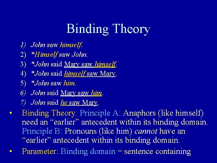 Binding Theory 1) 2) 3) 4) 5) 6) 7) • • John saw himself. Binding Theory 1) 2) 3) 4) 5) 6) 7) • • John saw himself.