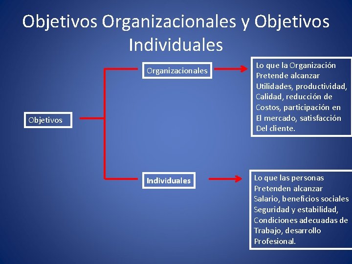 Objetivos Organizacionales y Objetivos Individuales Organizacionales Objetivos Individuales Lo que la Organización Pretende alcanzar