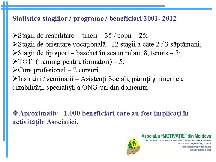 Statistica stagiilor / programe / beneficiari 2001 - 2012 ØStagii de reabilitare - tineri