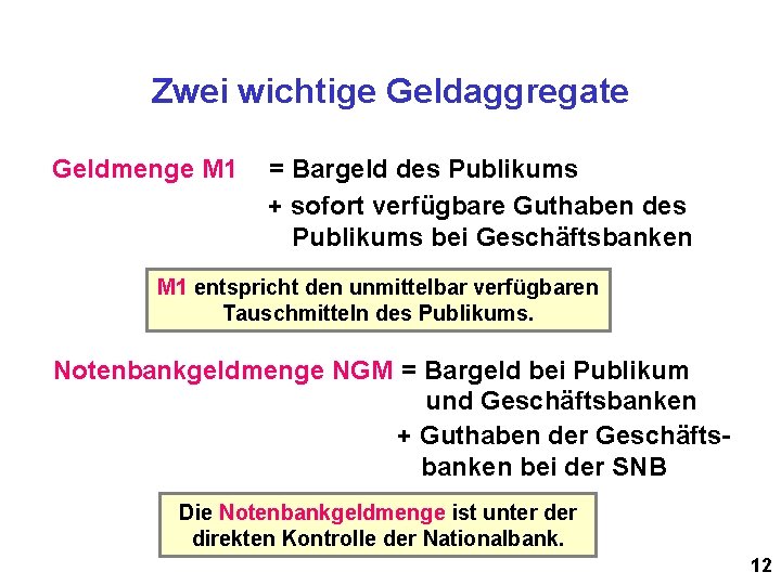 Zwei wichtige Geldaggregate Geldmenge M 1 = Bargeld des Publikums + sofort verfügbare Guthaben