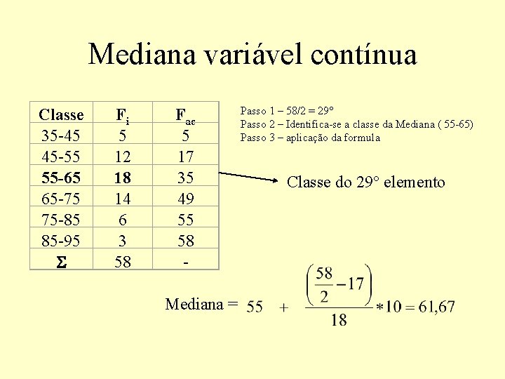 Mediana variável contínua Classe 35 -45 45 -55 55 -65 65 -75 75 -85 Mediana variável contínua Classe 35 -45 45 -55 55 -65 65 -75 75 -85