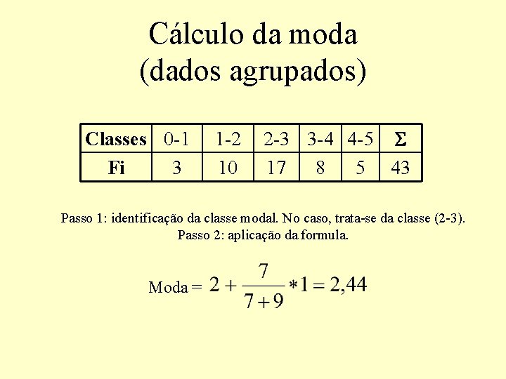 Cálculo da moda (dados agrupados) Classes 0 -1 Fi 3 1 -2 10 2 Cálculo da moda (dados agrupados) Classes 0 -1 Fi 3 1 -2 10 2