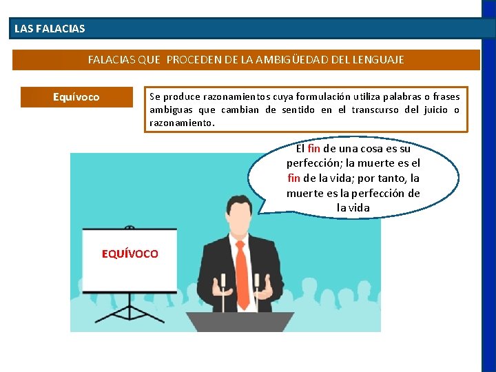 LAS FALACIAS QUE PROCEDEN DE LA AMBIGÜEDAD DEL LENGUAJE Equívoco Se produce razonamientos cuya