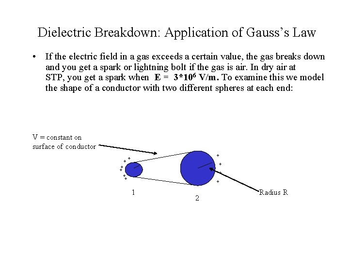 Dielectric Breakdown: Application of Gauss’s Law • If the electric field in a gas