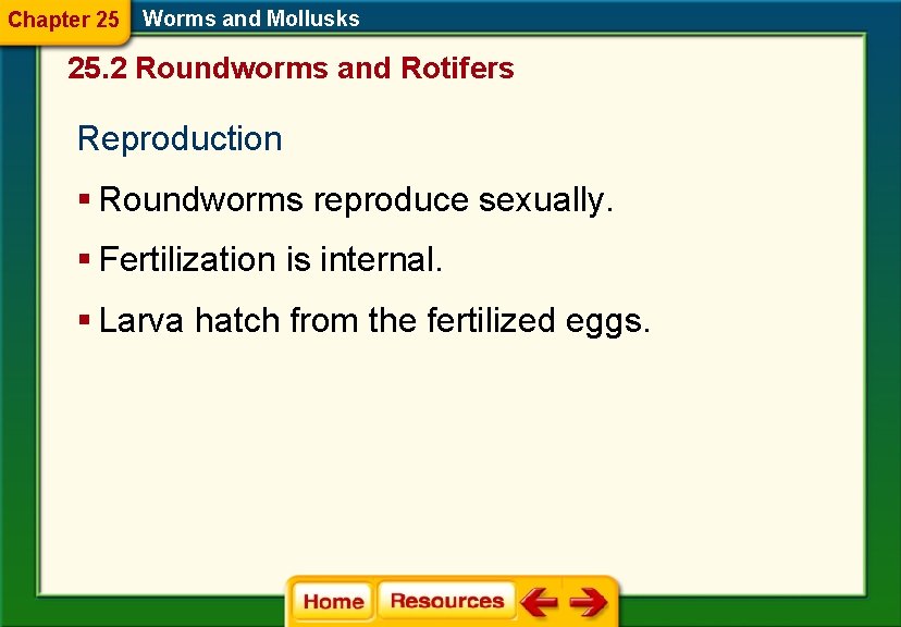Chapter 25 Worms and Mollusks 25. 2 Roundworms and Rotifers Reproduction § Roundworms reproduce Chapter 25 Worms and Mollusks 25. 2 Roundworms and Rotifers Reproduction § Roundworms reproduce