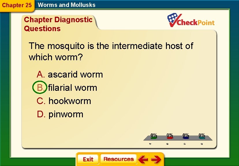 Chapter 25 Worms and Mollusks Chapter Diagnostic Questions The mosquito is the intermediate host Chapter 25 Worms and Mollusks Chapter Diagnostic Questions The mosquito is the intermediate host