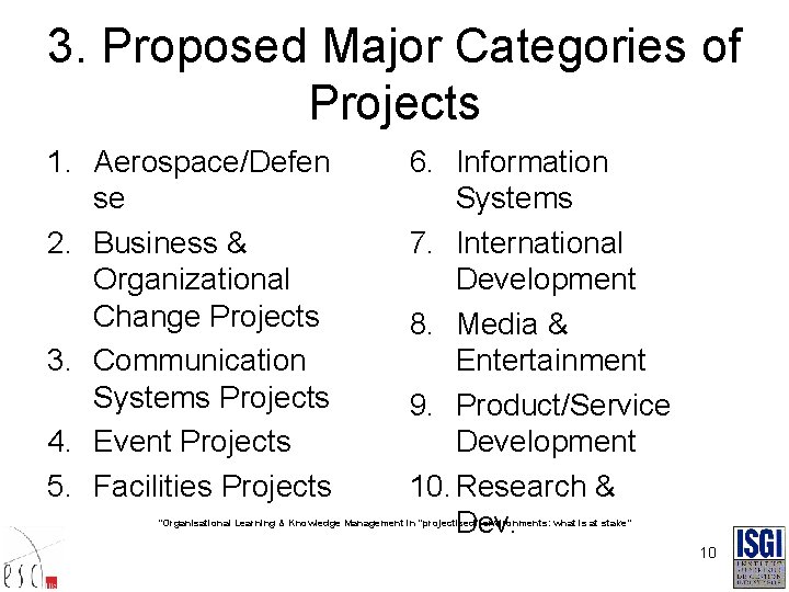 3. Proposed Major Categories of Projects 1. Aerospace/Defen se 2. Business & Organizational Change