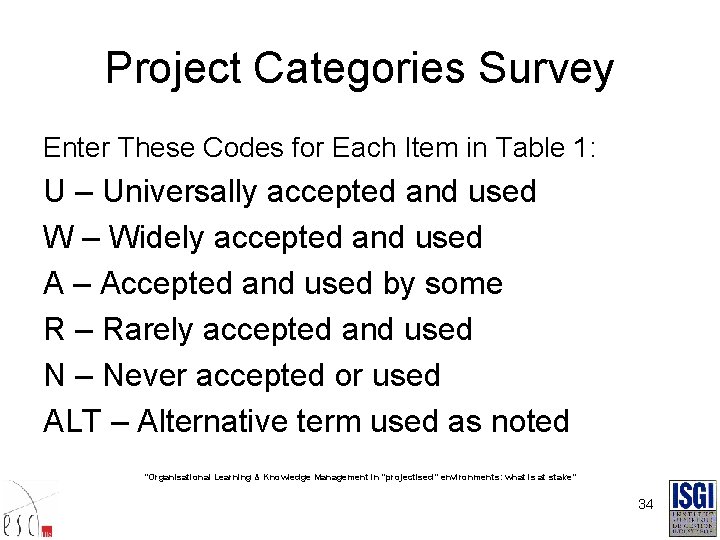 Project Categories Survey Enter These Codes for Each Item in Table 1: U –
