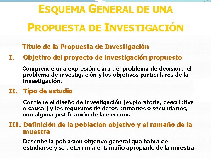 ESQUEMA GENERAL DE UNA PROPUESTA DE INVESTIGACIÓN Título de la Propuesta de Investigación I.