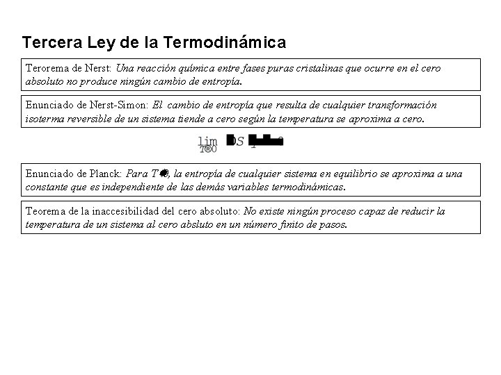 Tercera Ley de la Termodinámica Terorema de Nerst: Una reacción química entre fases puras