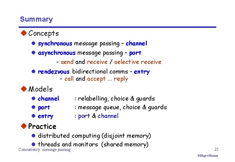 Summary u Concepts l synchronous message passing – channel l asynchronous message passing –