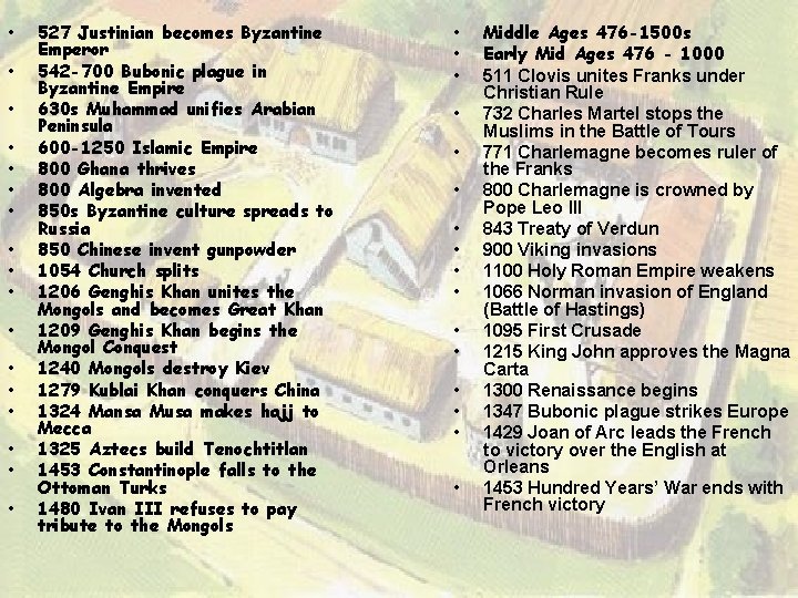  • • • • • 527 Justinian becomes Byzantine Emperor 542 -700 Bubonic