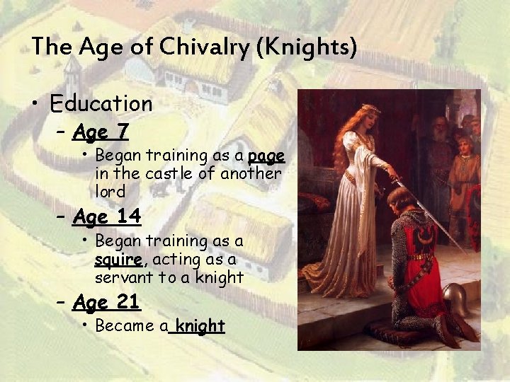 The Age of Chivalry (Knights) • Education – Age 7 • Began training as