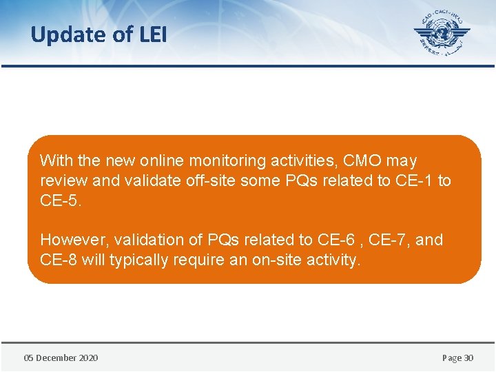 Update of LEI With the new online monitoring activities, CMO may review and validate