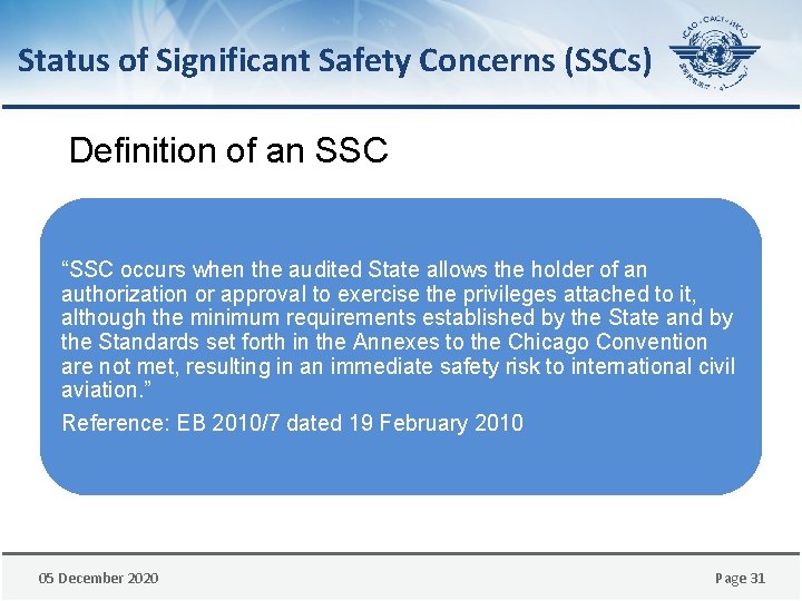 Status of Significant Safety Concerns (SSCs) Definition of an SSC “SSC occurs when the