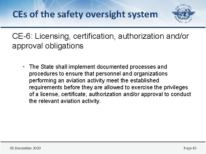 CEs of the safety oversight system CE-6: Licensing, certification, authorization and/or approval obligations •