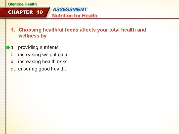 1. Choosing healthful foods affects your total health and wellness by a. b. c.