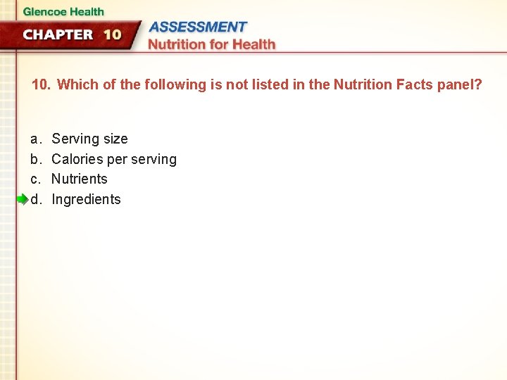 10. Which of the following is not listed in the Nutrition Facts panel? a.