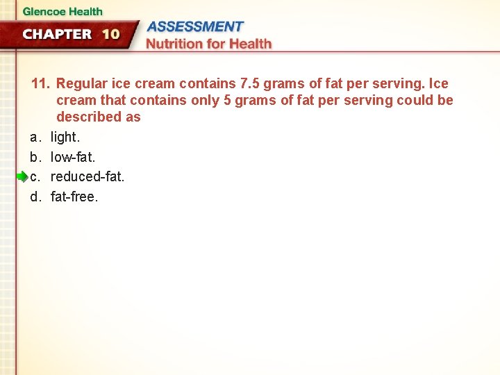 11. Regular ice cream contains 7. 5 grams of fat per serving. Ice cream