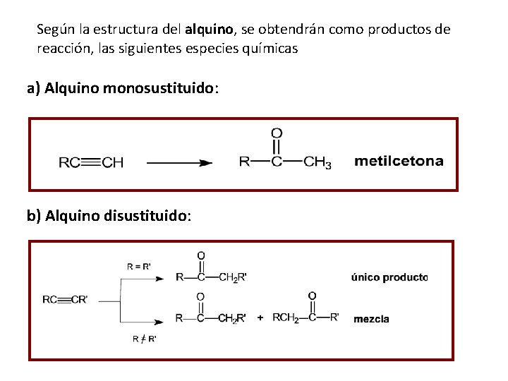 Según la estructura del alquino, se obtendrán como productos de reacción, las siguientes especies