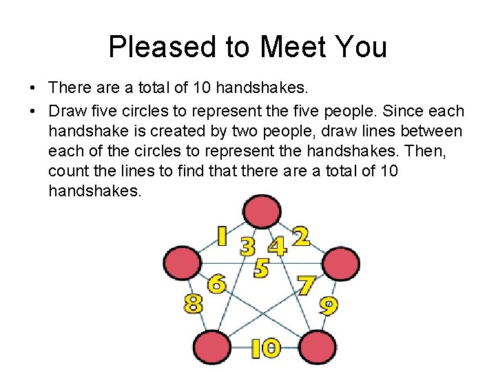 Pleased to Meet You • There a total of 10 handshakes. • Draw five
