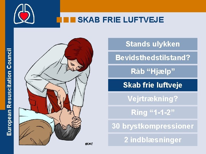 SKAB FRIE LUFTVEJE European Resuscitation Council Stands ulykken Bevidsthedstilstand? Råb “Hjælp” Skab frie luftveje