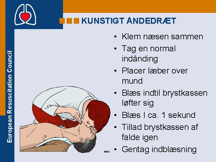 European Resuscitation Council KUNSTIGT ÅNDEDRÆT • Klem næsen sammen • Tag en normal indånding
