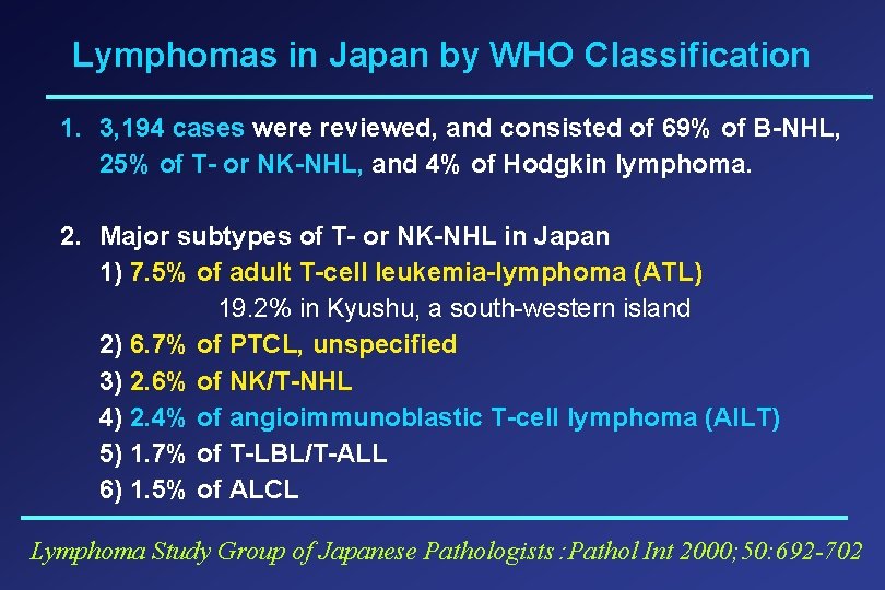 Lymphomas in Japan by WHO Classification 1. 3, 194 cases were reviewed, and consisted