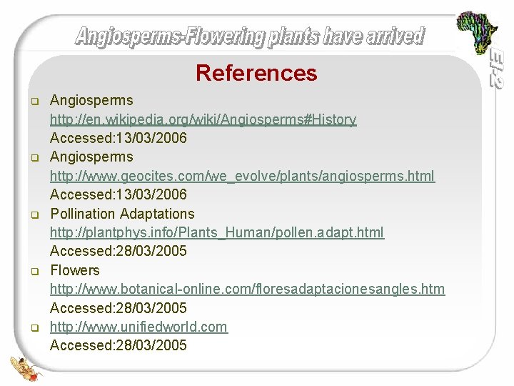 References q q q Angiosperms http: //en. wikipedia. org/wiki/Angiosperms#History Accessed: 13/03/2006 Angiosperms http: //www.