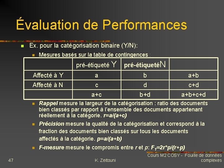 Évaluation de Performances n Ex. pour la catégorisation binaire (Y/N): n 47 Mesures basés