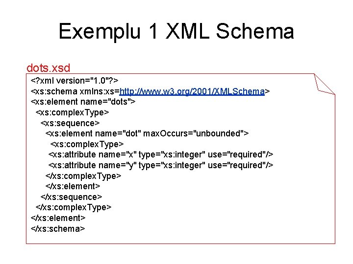 Exemplu 1 XML Schema dots. xsd <? xml version="1. 0"? > <xs: schema xmlns: