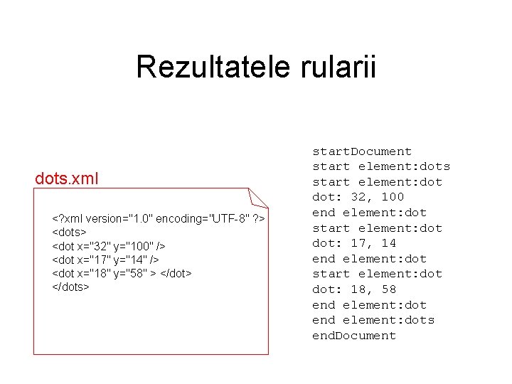 Rezultatele rularii dots. xml <? xml version="1. 0" encoding="UTF-8" ? > <dots> <dot x="32"