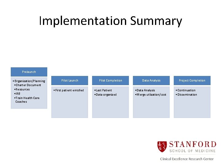 Implementation Summary Prelaunch • Organization/Planning • Charter Document • Resources • IRB • Train