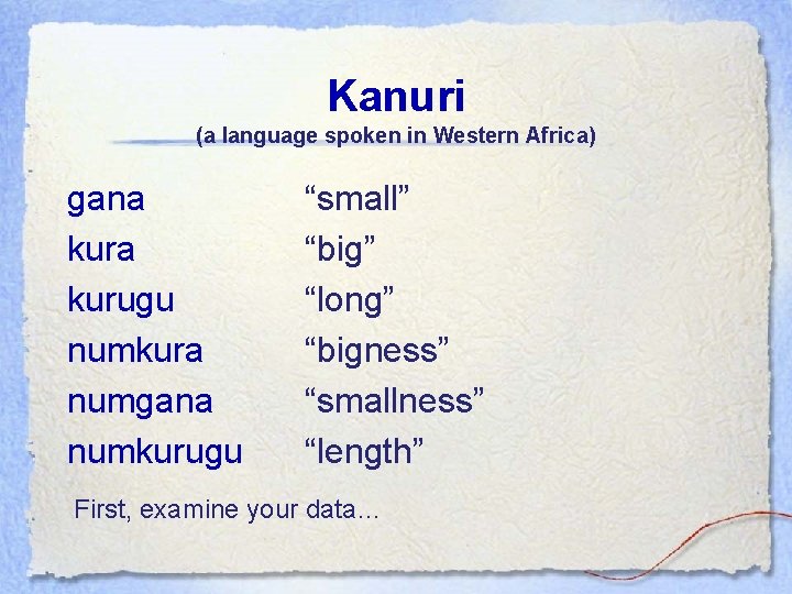 Kanuri (a language spoken in Western Africa) gana kurugu numkura numgana numkurugu “small” “big”