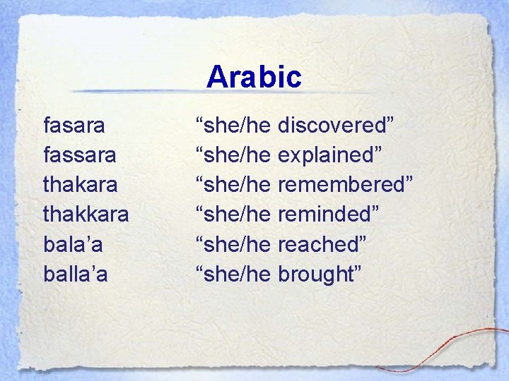 Arabic fasara fassara thakkara bala’a balla’a “she/he discovered” “she/he explained” “she/he remembered” “she/he reminded”