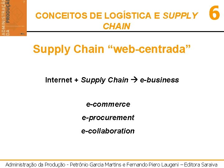 CONCEITOS DE LOGÍSTICA E SUPPLY CHAIN 6 Supply Chain “web-centrada” Internet + Supply Chain