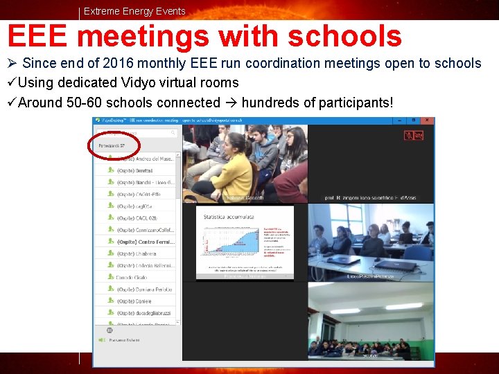 Extreme Energy Events EEE meetings with schools Ø Since end of 2016 monthly EEE