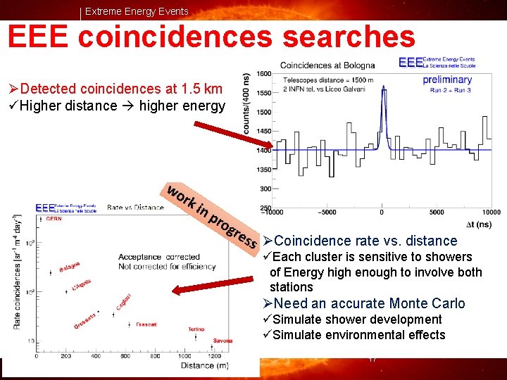 Extreme Energy Events EEE coincidences searches ØDetected coincidences at 1. 5 km üHigher distance