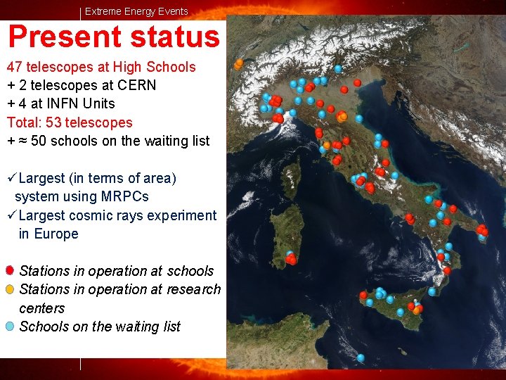 Extreme Energy Events Present status 47 telescopes at High Schools + 2 telescopes at