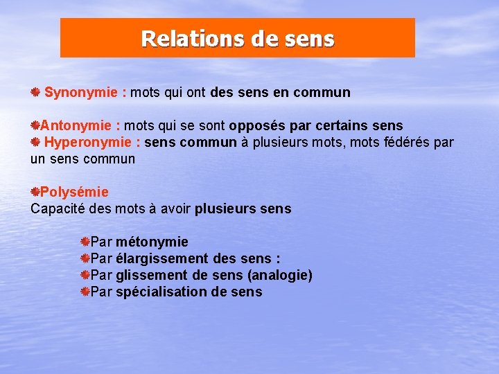 Relations de sens Synonymie : mots qui ont des sens en commun Antonymie : Relations de sens Synonymie : mots qui ont des sens en commun Antonymie :